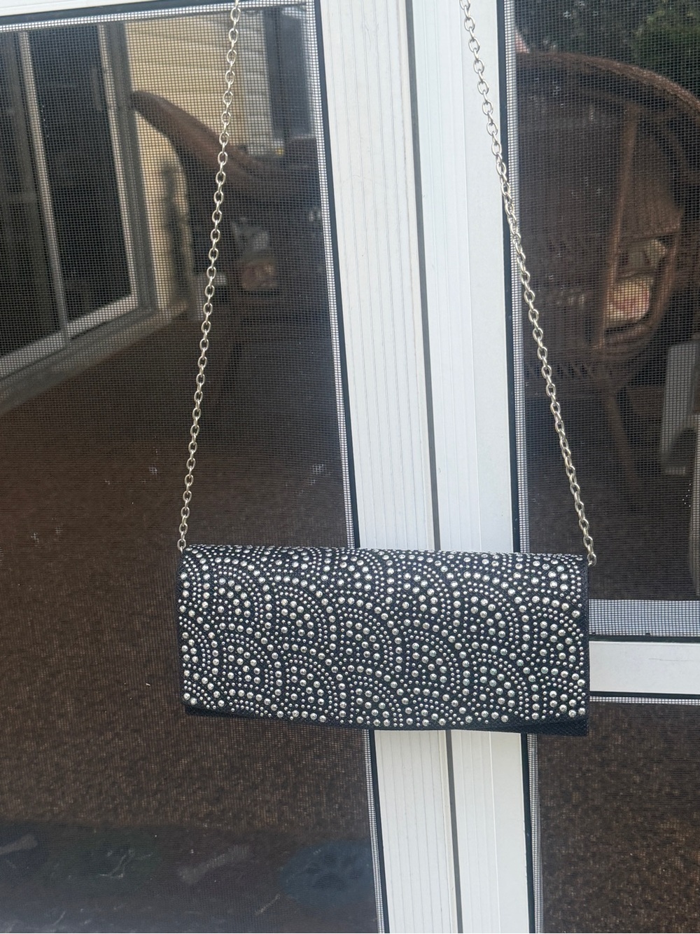 Kate Landry Black Clutch with Silver Stud Pattern and Chain